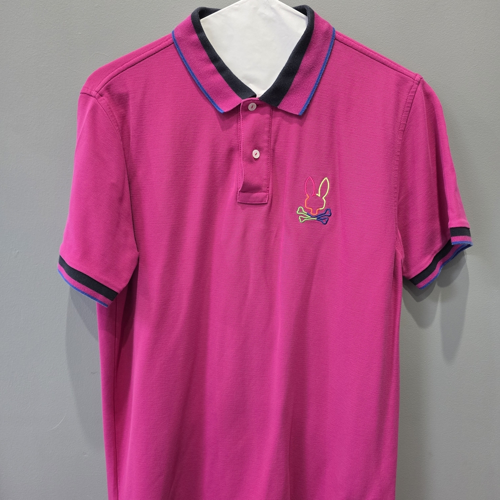 PsychoBunny Men's Bright Pink Polo w/ Striped Sleeve And Collar Trim Rainbow XL